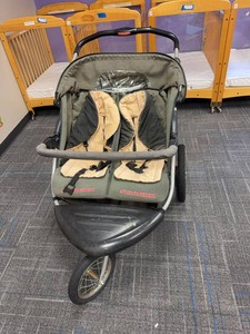 Schwinn Double Jogging Stroller 3-Wheel Green Tan Canopy