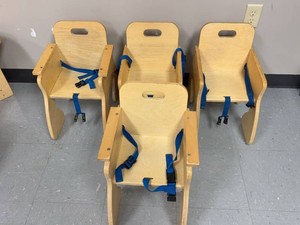 Set of 4 Plywood Toddler Chairs w Blue Safety Straps Natural Finish