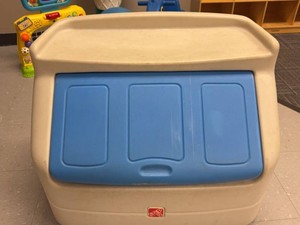 Step2 Kids Plastic Toy Box Storage Chest Beige Blue Drop Front Lid