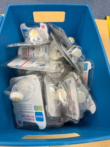 MAM Newborn Pacifiers BPA Free Soft Silicone (Lot of 10 pacifiers) in blue bin