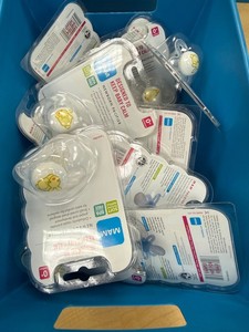 MAM Newborn Pacifiers BPA Free Soft Silicone (Lot of 10 pacifiers) in blue bin