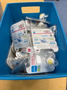 MAM Newborn Pacifiers BPA Free Soft Silicone (Lot of 10 pacifiers) in blue bin