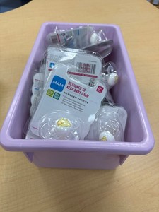 MAM Newborn Pacifiers BPA Free Soft Silicone (Lot of 10 pacifiers) in purple bin