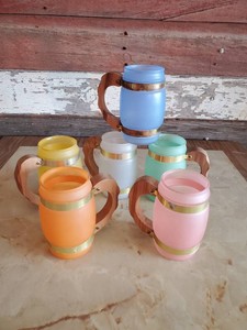 6 Colorful Collectable Siestaware Beer Mugs with Wooden Handles