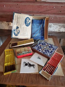 Vintage lot of Fondue Forks, Corgi Tiles, and Vintage Heating Pad in box