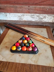Vintage Pool Balls in Rack and 4 Pool Cues
