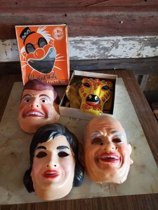 4 Mid Century Halloween Masks one with Box and costume