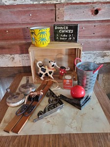 Large Lot of Fun Vintage Items in Wooden Crate