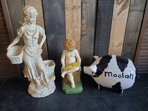 2 Large Garden Statues and Large Moolah Piggy Bank