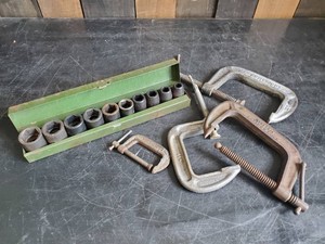 Lot of Various C Clamps and Complete Socket Set