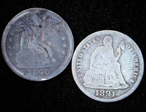 (2) Seated Dimes - 1891 & 1843 (Struck Through Grease)