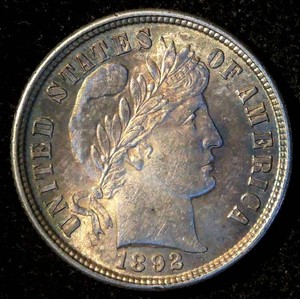 AU 1892 Barber Dime, Nice Toning, Decent Luster, details