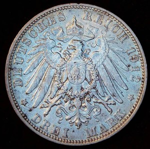 XFAU 1912-D Bavaria (Germany) Silver Drei Mark, details