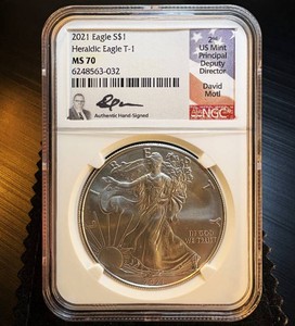 Tougher Find David Motl Hand Signed MS 70 2021 Type 1 Silver Eagle, Top Pop, 1 of 268