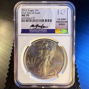 Gaudioso Hand Signed 2022 MS 70 Silver Eagle, First Day, Scarce Engraver Series, Top Pop 1 of 200