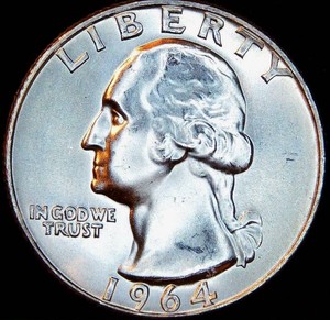 Uncirculated 1964 Silver Washington Quarter, Original Bank Roll