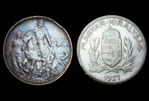 (2) Hungarian Silver Coins - 1896 XF 1 Korona Millennium Commemorative  1927 1 Pengo