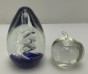 Murano Style Handblown Art Glass Egg Shaped Paperweight And Apple Shaped Paperweight
