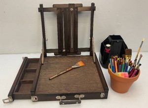 Misc. Art Supplies Including Brushes, Tabletop Easel And More