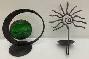 Decorative Metal Candle Holders Including Glass Moon Face (Has Crack But Still Ok) And More