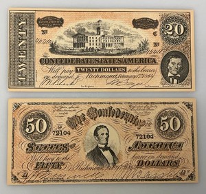 1864 CONFEDERATE States Of America Civil War TWENTY Dollar Note REPRODUCTION & 1864 CONFEDERATE States Of America Civil War FIFTY Dollar Note REPRODUCTION