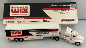 Collectible Ertl Brand 164 Scale Die Cast Nobody Beats The WIZ Etchells Racing Nitro Funny Car Transporter (NEW Old Stock)
