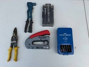 Hand Tool Lot - Tin Snips, Riveter, Staple Gun & Drill Bits