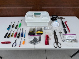Hand Tool Mixed Lot - Assorted Screwdrivers, Pliers, Wrenches, Bits & Safety Gear in Tote