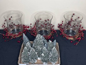 Christmas Table Decor Mixed Lot - Glass Cylinder Vases, Berry Wreaths & Frosted Trees