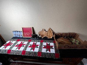 Christmas Decor Mixed Lot - Table Runner, Signs, Wood Trays & Crystal Icicles