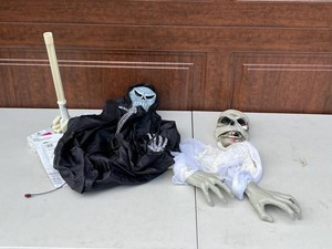 Halloween Reaper Decorations - Black Cloaked Skeleton & Mummy (Lot of 2)