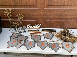 Thanksgiving Decor Mixed Lot - Leaf Garland, Signs, Turkey Figurines & Wheat Stands