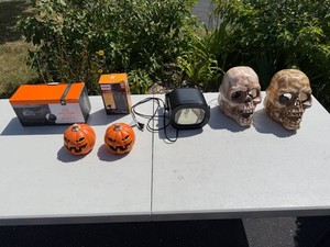 Halloween Decor - Philips Fog Machine, Lightning Projector, Skull Masks & Pumpkins in Tote