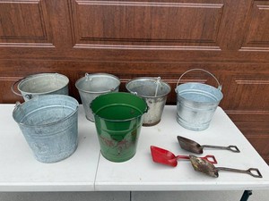 VTG Galvanized Buckets & Garden Scoops Mixed Lot - Oldsmobile Promo Bucket