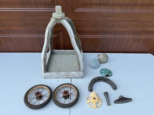 VTG Toy Parts Mixed Lot - Wooden Basket, Wheels & Metal Pieces