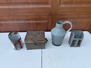 Primitive Metal Decor Mixed Lot - Box, Pitcher, Scoop & Container