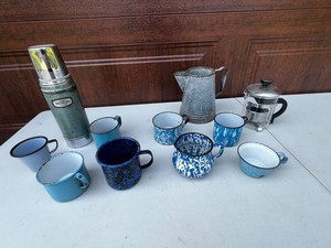 VTG Enamel Coffee Mugs & Camping Drinkware Mixed Lot - Stanley Thermos, Pitcher & French Press