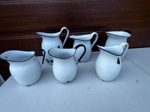 VTG Enamelware Pitchers Set of 6 White & Black