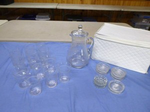 Vintage Glass Pitcher with Glasses and Coasters