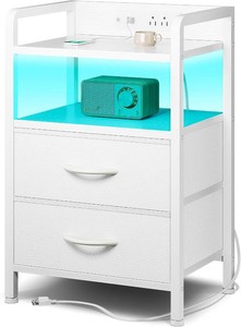 $43 Lazzanto Night Stand Bedside Table Bedroom - White Nightstand with Charging Station & LED Light Strip, Morden Bed Side End Table with Storage Shelf & 2 Fabric Drawers, U-S-B Ports & AC Outlets