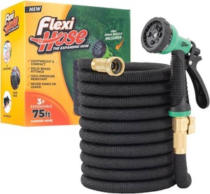 $80 Flexi Hose Expandable Garden Hose with 8 Function Nozzle, 75FT - Lightweight Retractable Garden Hose, Water Hose - No-Kink Flexibility, 34 Inch Solid Brass Fittings and Double Latex Core
