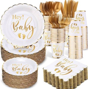 $35 400 Pcs Baby Gender Reveal Plates and Cups and Napkins Sets with Forks Spoon Party Supplies Baby Shower Paper Tableware Gender Reveal Decorations Disposable Cutlery, Serves 50(Gold,Hey)
