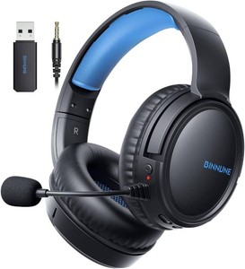 BINNUNE Wireless Gaming Headset   2.4GHz Low-Latency USB Dongle  Bluetooth, 50mm Drivers 7.1 Surround, Noise-Cancelling Mic, 40H Battery   Over Ear Wireless Headphones for PS5, PC, Laptop, Blue