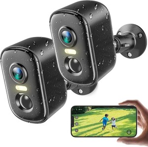 $46 2K Security Cameras Wireless Outdoor, 2 Pack Battery Powered WiFi Cameras for Home Security with AI Motion Detection, Spotlight Color Night Vision, 2-Way Talk, Siren Alarm, IP65, CloudSD Storage