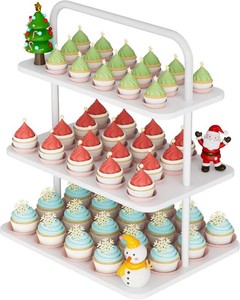$28 VyGrow Cupcake Stand, 3-Tier Dessert Stand for 52 Cupcakes, Wood & Metal Tower Display Premium Holder Dessert Tree Tower for Christmas Birthday Weddings Party Decor, Serving Tray, White