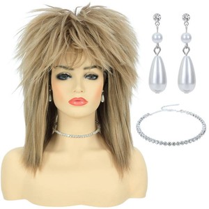 $28 Bettecos 80s Womens Rock Diva Costume Wig with Necklace and Earring for Women Big Hair Blonde 70s 80s Rocker Mullet Wigs Glam Punk Rock Rockstar Cosplay Wig for Halloween Party (Light Blonde)