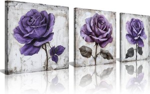 $23 NAN Wind 3Pcs Purple Rose Canvas Prints Wall Art Botanical Floral Art Modern Flower Artwork Ready to Hang Textured Wall Art Print Decorative Wall Hanging for Living Room Bedroom Kitchen