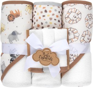 Baby Bath Essential Hooded Baby Bath Towel and Washcloth 6 Piece Set for Newborns, Infants & Toddlers, Boys & Girls Baby Hooded Towels Set (Safari Animals)