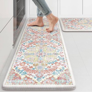 $35 KIMODE Kitchen Mats for Floor, 17x4717x29 Boho Vintage Kitchen Rugs 2 PCS, Cushioned Anti Fatigue Mats for Kitchen Floor, Non-Slip Kitchen Floor Mats, Sink, Laundry, Office, Desk Pink