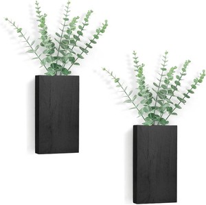 Dahey 2 Pack Wood Wall Planter Vase with Artificial Eucalyptus Farmhouse Wall Hanging Decor Pocket Planter for Indoor Fake Plants Greenery, Living Room Bedroom Kitchen Home Office Decoration, Black